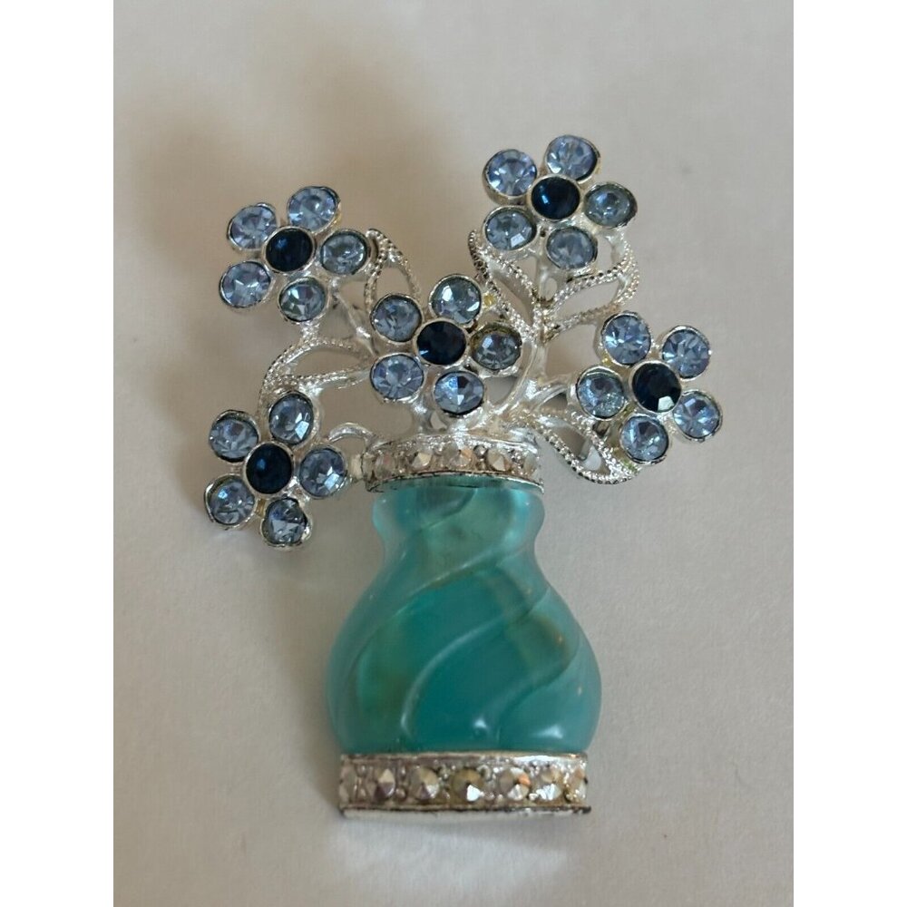 Avon Pin Brooch Jewelry Flower Vase Blue Turquoise Color Rhinestones Silver Tone - Picture 6 of 6